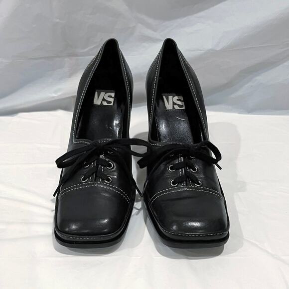 Vintage 90s Lace Up Oxford Size 8.5 Black Leather Square Toe Heels VS Macbeth - Picture 2 of 15